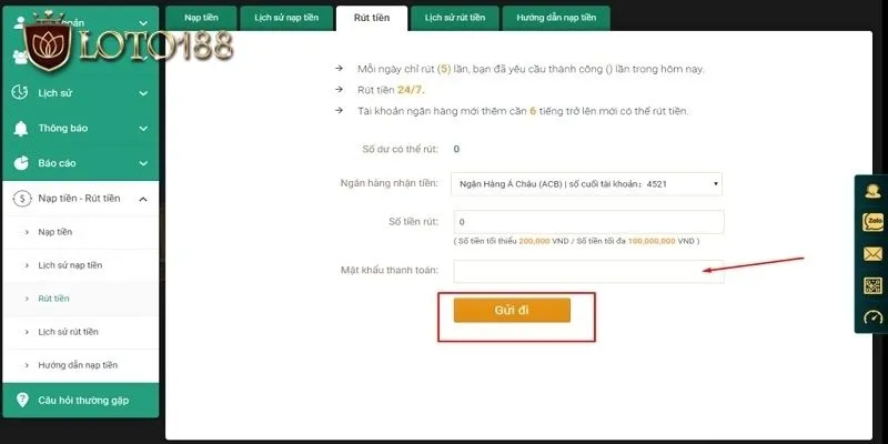 Rút tiền LOTO188 thưởng còn lại trong ví game về tài khoản ngân hàng